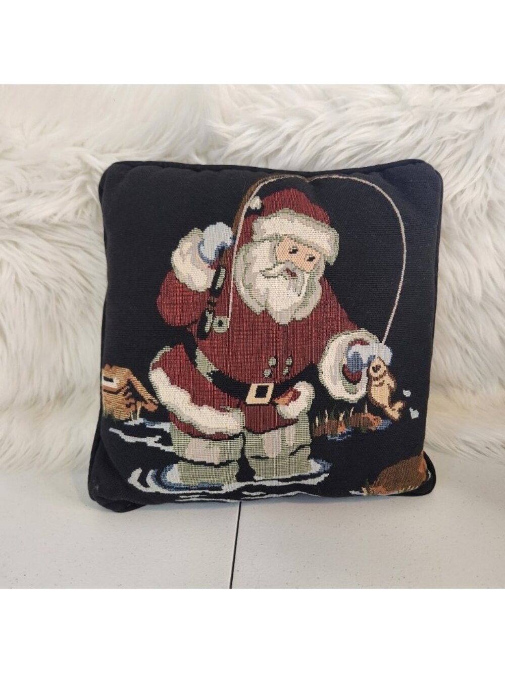 Vintage Tapestry Pillow Square Fishing Santa Claus Christmas Decor 1990s Fish